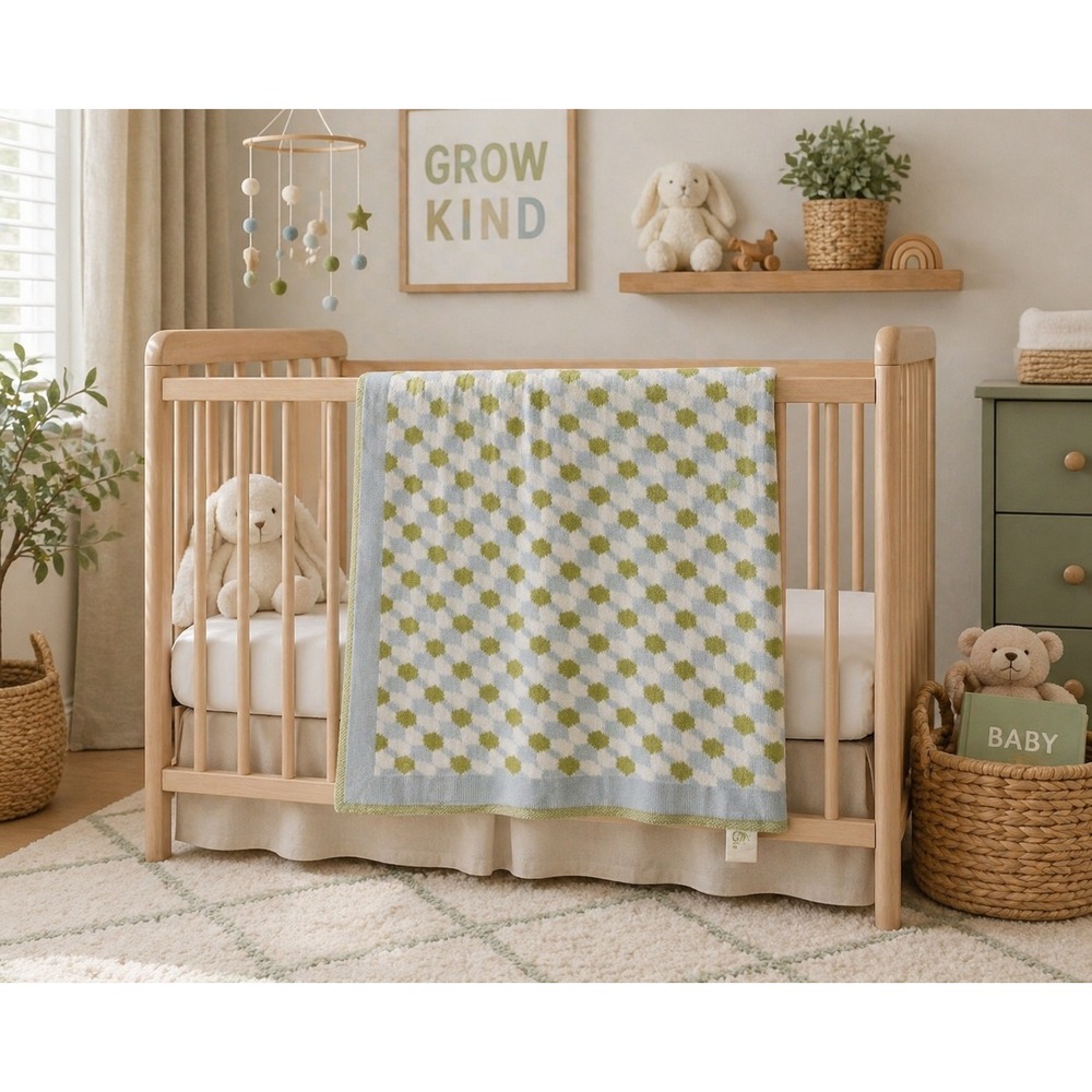 MCM Baby Blanket Knit Argyle Blue Green White Soft Cozy Cottagecore Retro Vibes‎